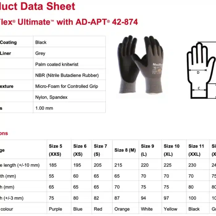ATG Maxiflex Ultimte Gloves size chart