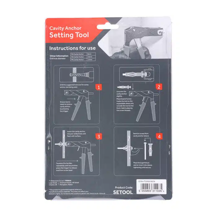 Timco Metal Cavity Anchor setting tool back packaging