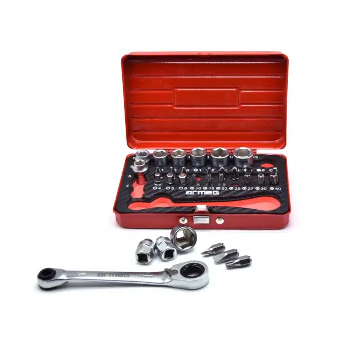 Armeg 31 piece socket and bit set on display Armeg 31 Piece Compact Socket and Screwdriver Bit Set